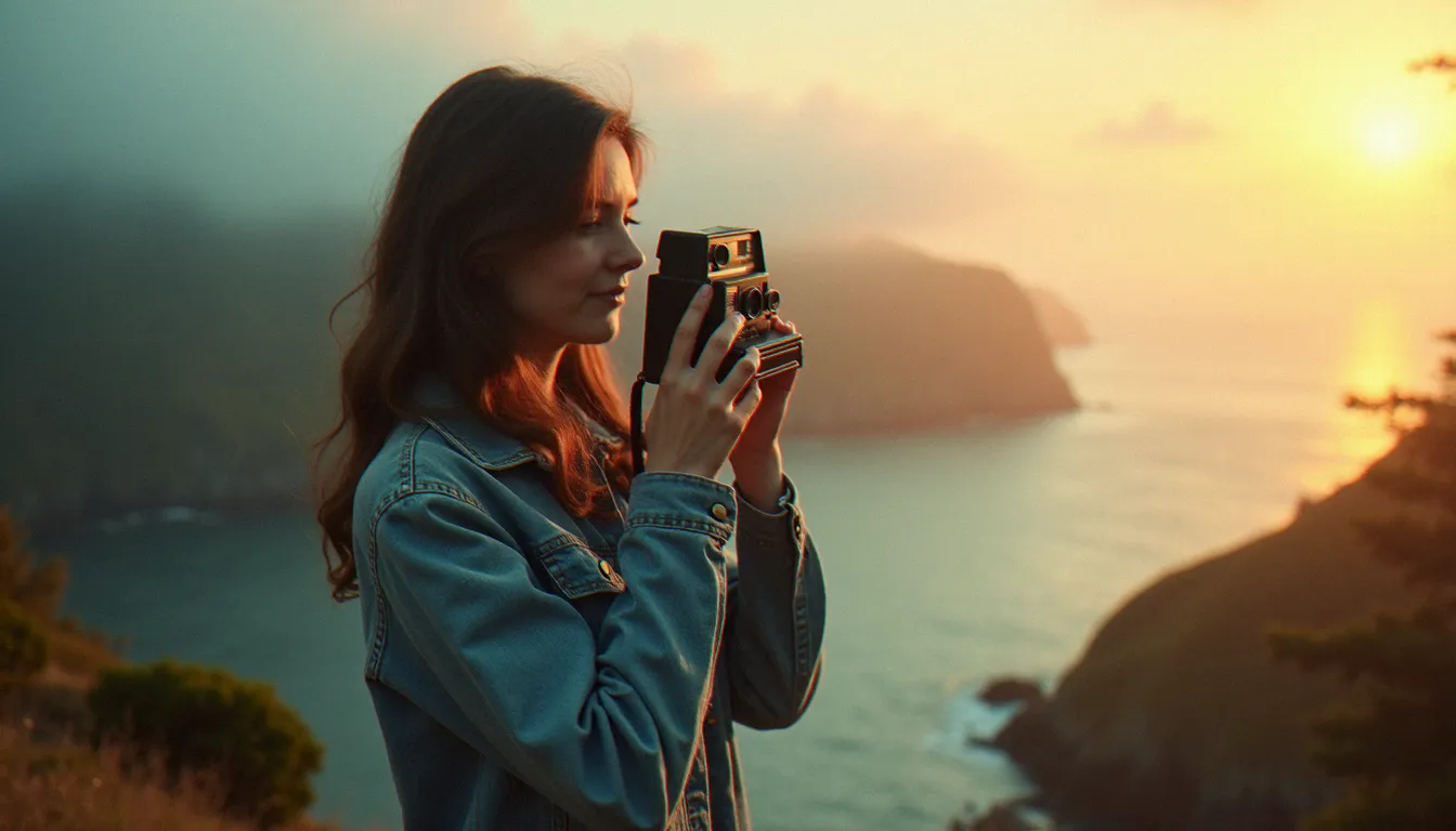 Jeune photographe tenant un appareil Polaroid en contre-jour doré sur une falaise côtière brumeuse, esthétique photo guide Life is Strange avec palette teal et orange