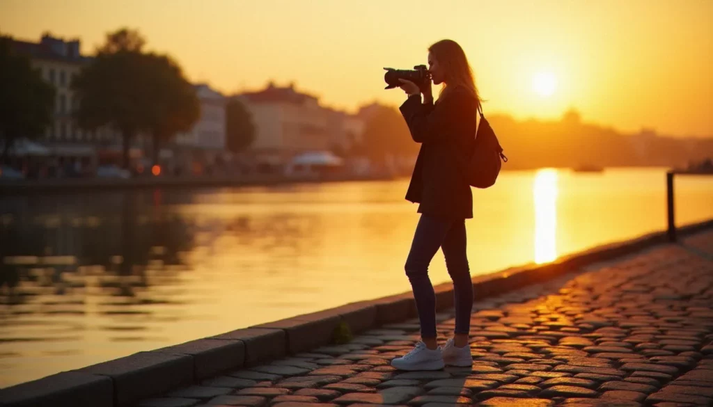 Photographe utilisant un photo guide supreme en lumière naturelle dorée sur un quai au coucher du soleil