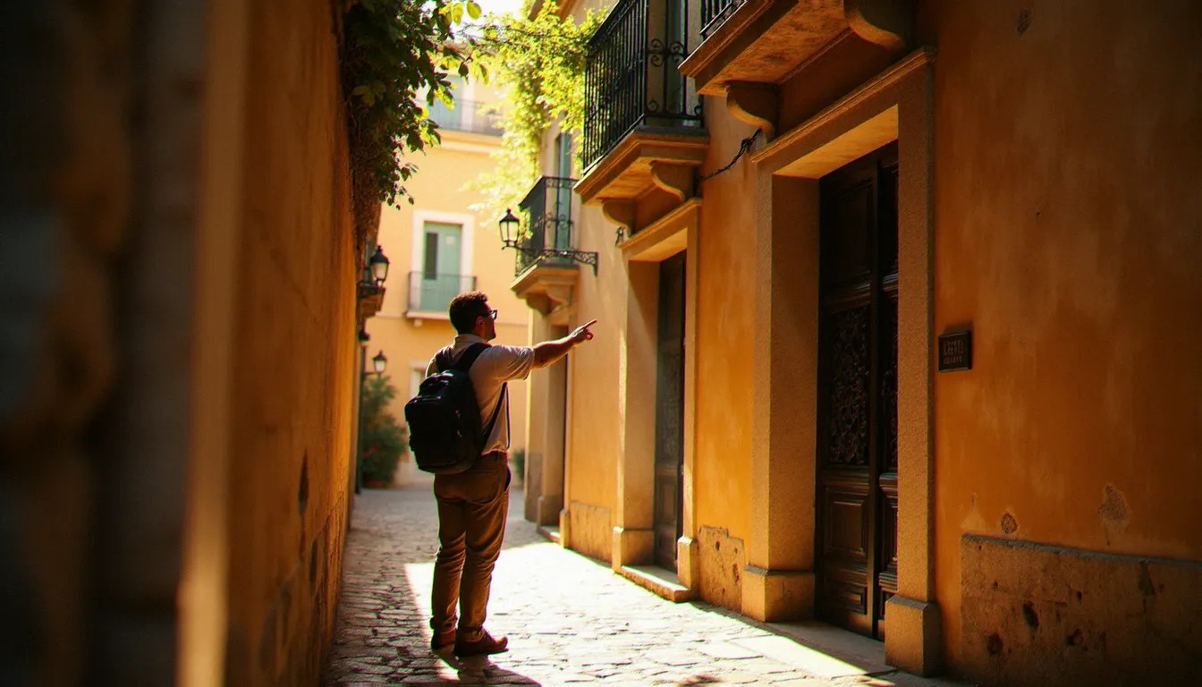Lumière naturelle rasante d'heure dorée dans une ruelle provençale avec un guide touristique désignant un portail historique