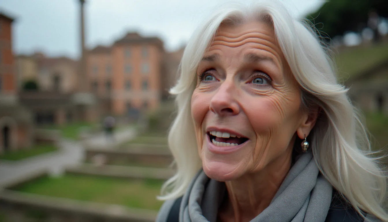 Portrait en lumière diffuse d'une guide touristique passionnée devant des ruines antiques, expression animée et fond architectural flou