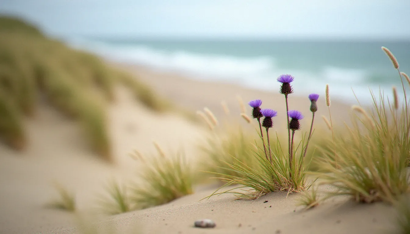 Premier plan de végétation dunaire — oyats et chardons bleus — sur les dunes de Kersalo à Guidel plage, mer en arrière-plan floutée