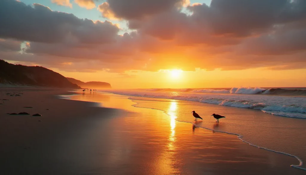 Photographie de la plage de Guidel au lever du soleil, lumière dorée reflétée sur le sable mouillé à l'embouchure de la Laïta