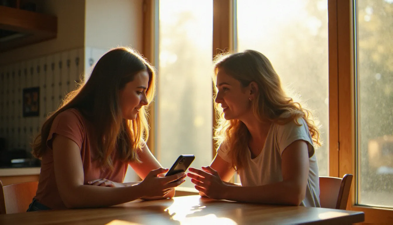 Deux amies en séance photo lifestyle à l'intérieur, lumière naturelle d'une grande fenêtre, ambiance chaleureuse et détendue
