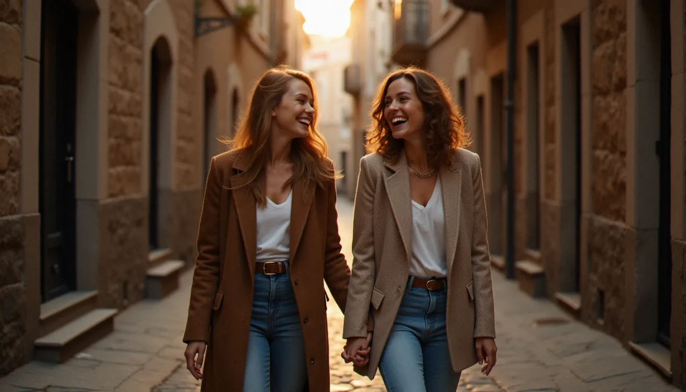 Deux meilleures amies se promenant dans une vieille rue pavée au crépuscule, lumière douce et atmosphère poétique pour une séance photo en extérieur
