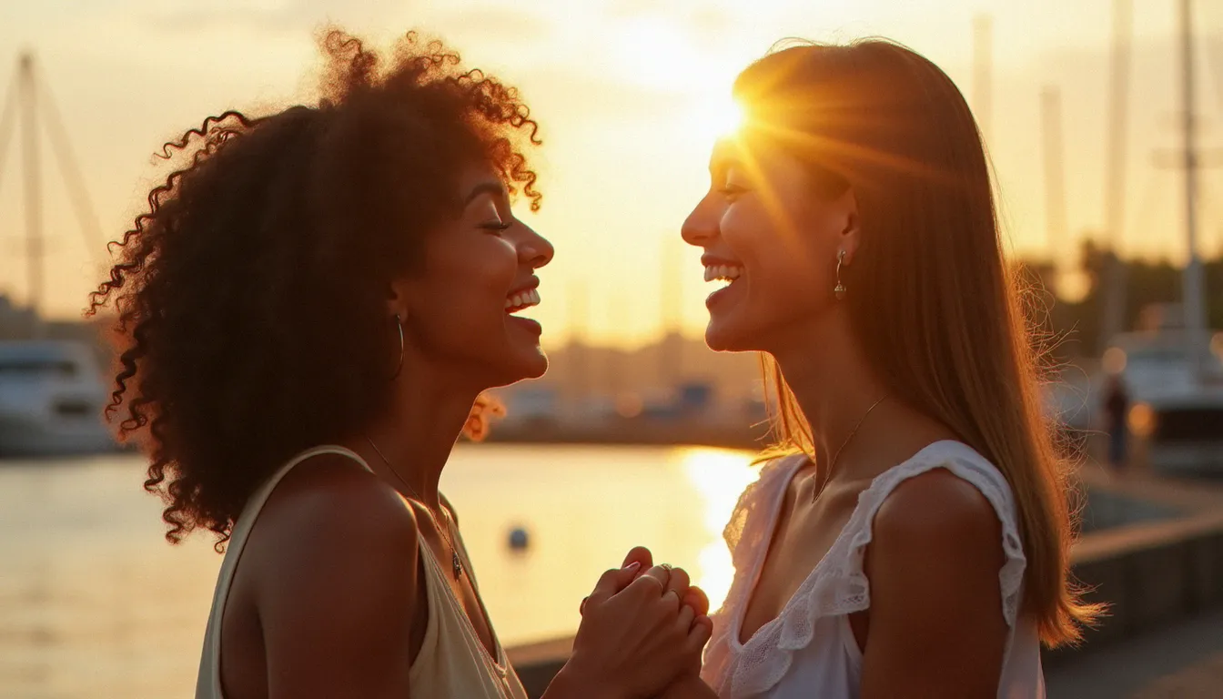 Photo de deux meilleures amies riant ensemble au coucher du soleil sur un quai, lumière dorée naturelle et complicité authentique
