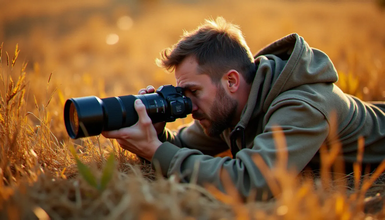 Photographe animalier en affût dans les herbes hautes avec un téléobjectif 500mm, équipement adapté à la photo nature animaux