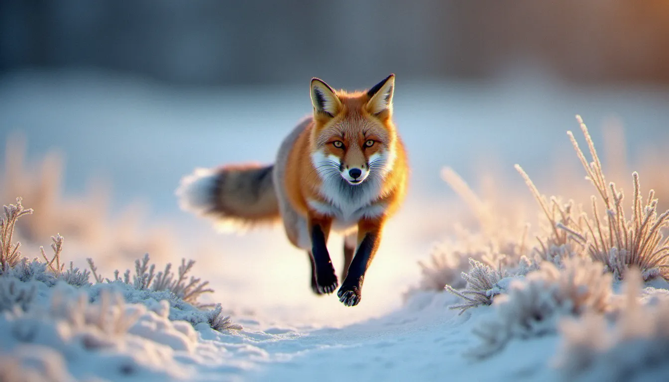 Renard roux en plein bond capturé à grande vitesse d'obturation, illustration des réglages pour la photo nature animaux en mouvement