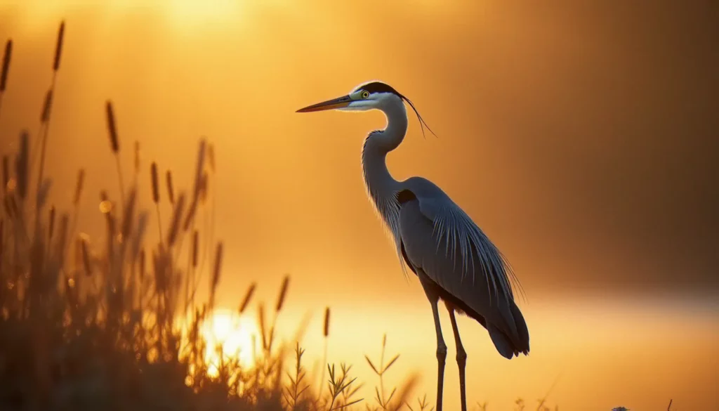 Héron cendré photographié en lumière dorée au bord d'un marais, exemple de photo nature animaux en lumière naturelle rasante