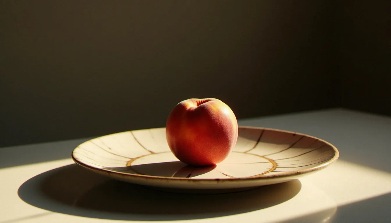 Photo nature morte minimaliste d'une pêche posée sur une assiette en céramique ancienne fissurée, lumière rasante de fin de journée créant des ombres douces et profondes