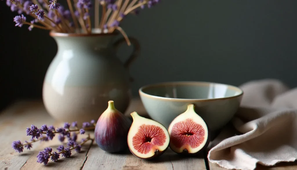 Photo nature morte composée de tiges de lavande séchée, un bol en céramique mate et des figues fraîches coupées sur une table en chêne brut, éclairée à la lumière naturelle d'une fenêtre nord