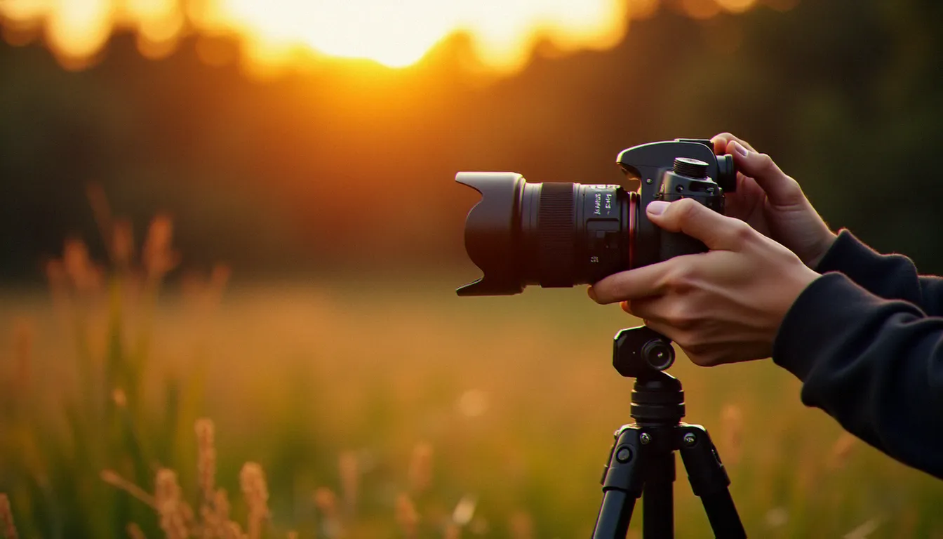 Photographe réglant son appareil sur trépied au lever du soleil pour une photo nature paysage, herbe couverte de rosée en avant-plan