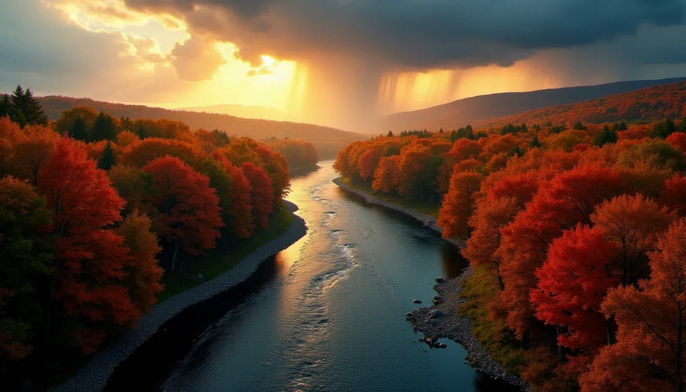 Vue plongeante d'une rivière sinueuse traversant une forêt automnale aux tons chauds, avec des rayons de lumière perçant des nuages d'orage