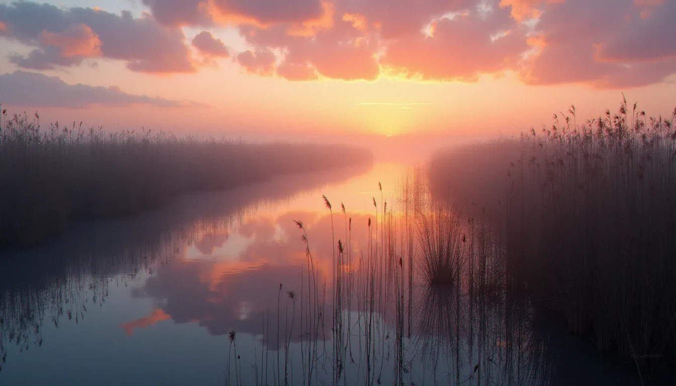 Photo nature paysage d'un marais atlantique au lever du soleil, brume matinale sur l'eau et lumière dorée rasante sur les roseaux