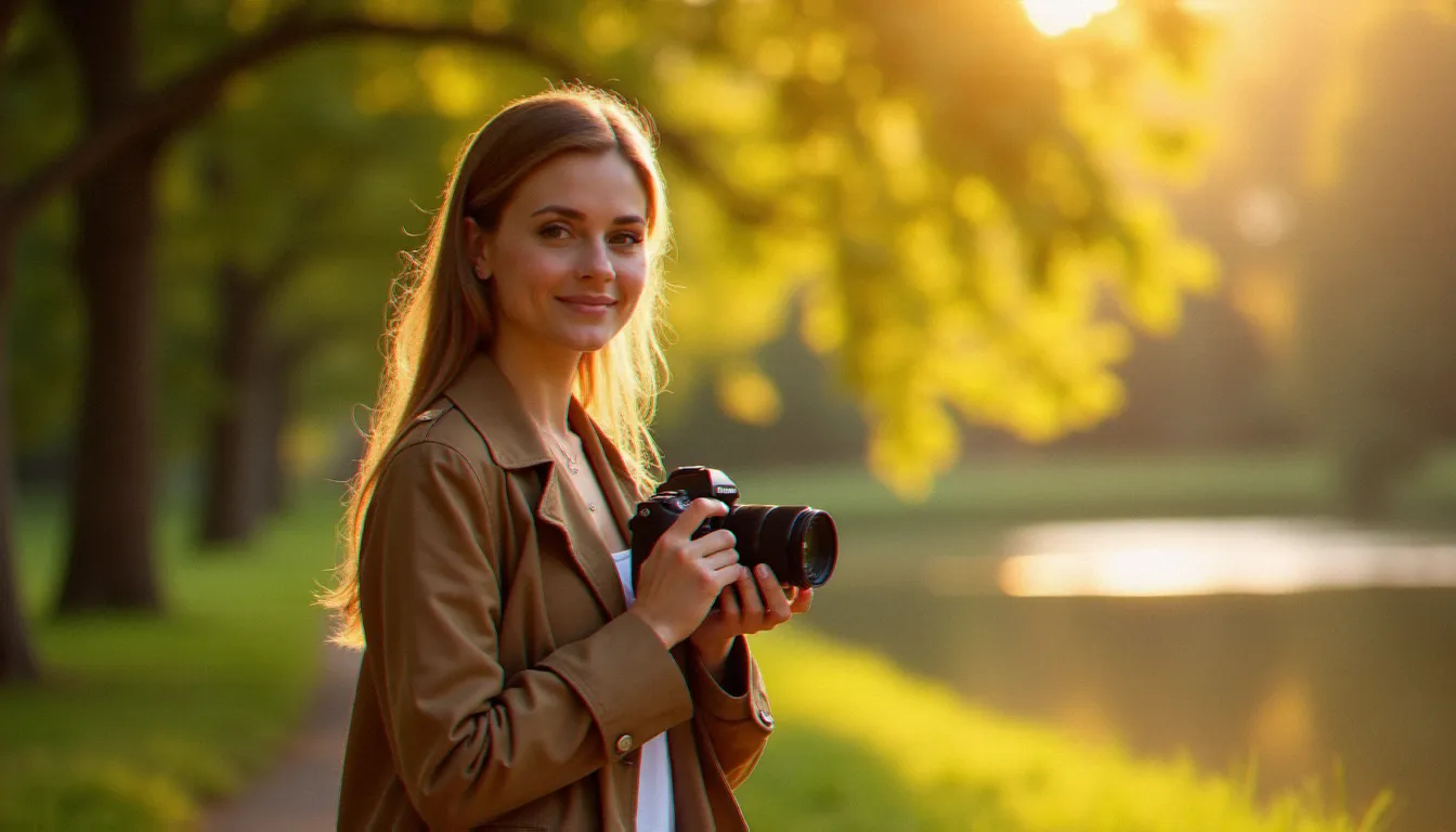 Photographe professionnelle tenant son appareil lors d'une séance photo prix star en lumière naturelle dorée au bord de l'eau