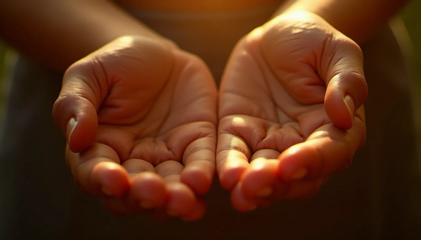 Gros plan de mains éclairées par le soleil créant des ombres et reflets sur la peau
