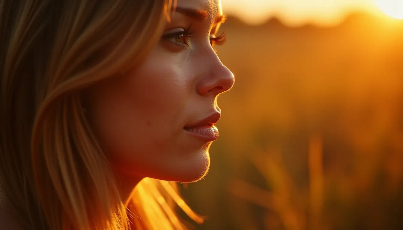 Portrait en profil d'une femme éclairée par la lumière dorée du soleil couchant, photo effet du soleil sur la peau