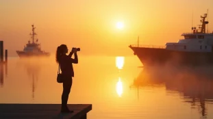 Photographe en silhouette au bord d'un port au lever du soleil, exploitant tout pour la lumière naturelle dorée se reflétant sur l'eau calme