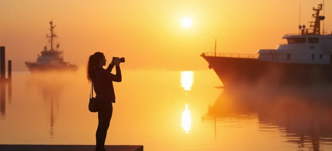 Photographe en silhouette au bord d'un port au lever du soleil, exploitant tout pour la lumière naturelle dorée se reflétant sur l'eau calme